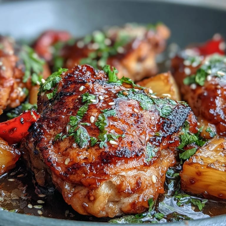 Goldbraune Hähnchenschenkel in aromatischer Honig-Knoblauch-Sauce, kombiniert mit karamellisierter Ananas und frischem Gemüse für ein tropisches Geschmackserlebnis.