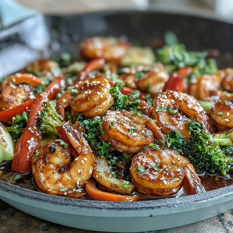 Schnelles Shrimps-Stir-Fry mit zarten Garnelen, buntem Gemüse und würziger Sauce – ideal für ein gesundes Abendessen.