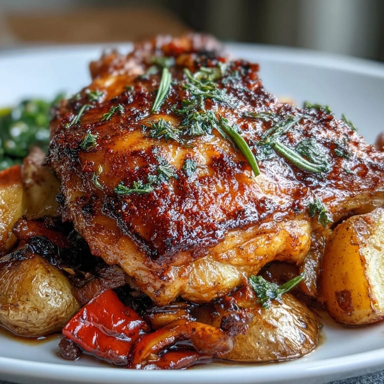 Ein Blech voller Geschmack: zartes Hähnchen mit geröstetem Gemüse, perfekt gewürzt und knusprig aus dem Ofen.
