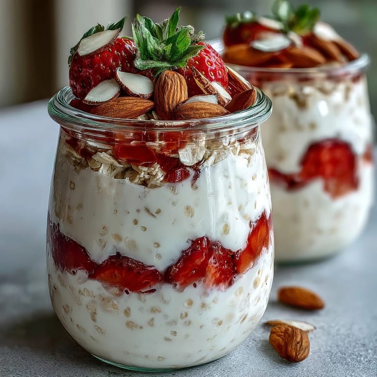 Proteinreiche Overnight-Oats mit saftigen Erdbeeren, perfekt für ein schnelles und nahrhaftes Frühstück.
