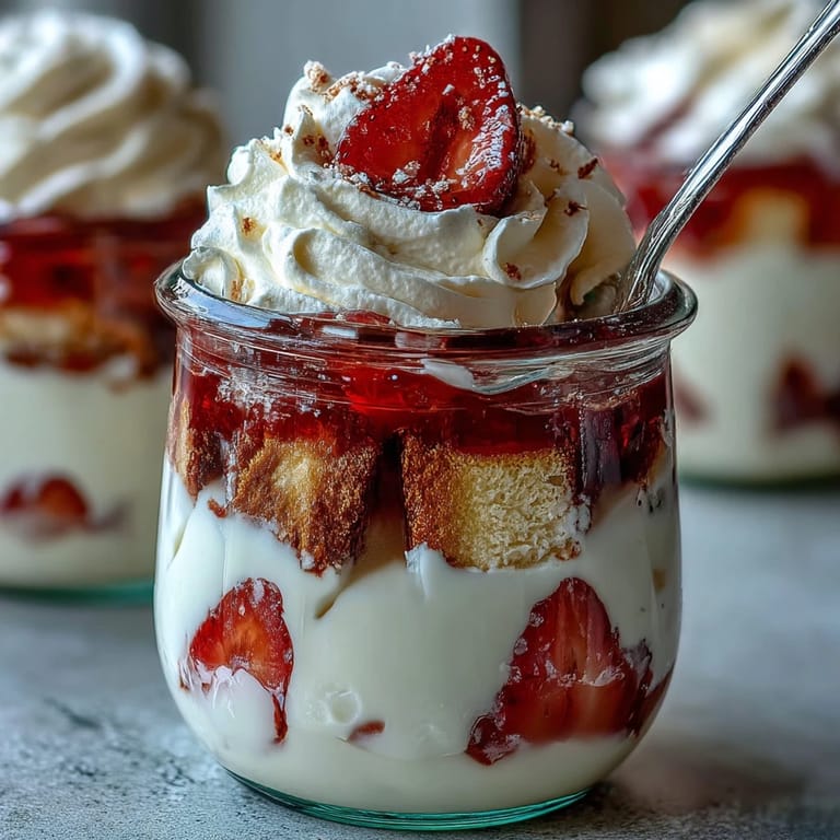 2. Individuelle Erdbeer-Shortcake-Trifle in Einmachgläsern mit saftigen Erdbeeren und selbstgemachter Vanille-Sahne.