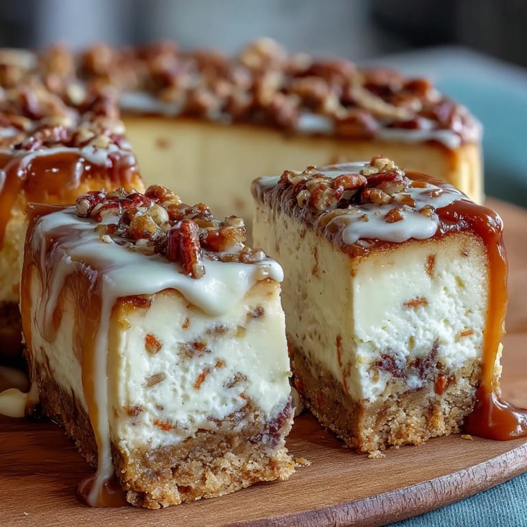 Gewürzte Karottenkuchen-Basis mit glatter Käsekuchen-Decke und Nüssen.