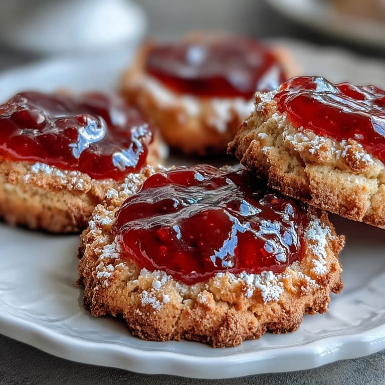 Buttrige Thumbprint-Kekse mit hausgemachter Erdbeer-Marmelade, perfekt für gemütliche Nachmittagstee-Treffen.