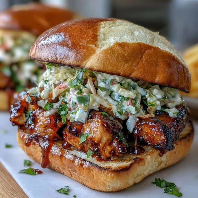 Saftige BBQ-Hähnchen-Slider mit knackigem Krautsalat, perfekt für festliche Sommer-Grillfeste.  