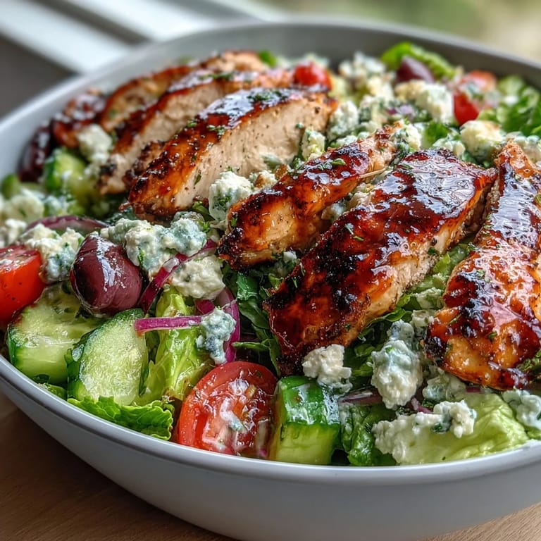 Farbenfroher griechischer Salat mit gegrilltem Hähnchen, perfekt für ein gesundes Mittagessen.