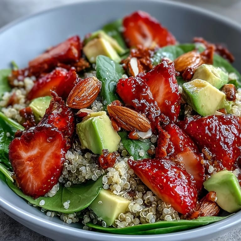 Saftige Erdbeeren und cremige Avocado in einem Quinoa-Salat mit Zitrus-Dressing – ein leichter, gesunder Genuss.