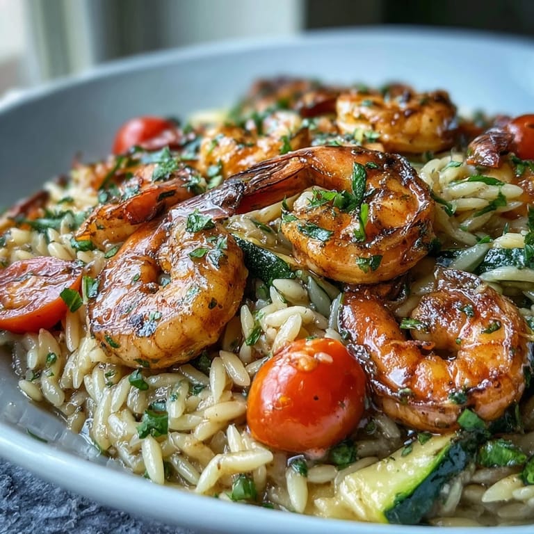 Ein-Pfanne-Zitronen-Butter-Garnelen mit Orzo und frischem Gemüse.