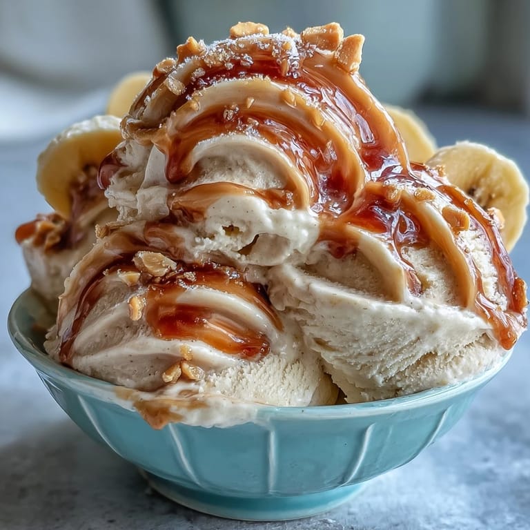Gesundes, milchfreies Eiscreme-Foto, serviert in einer Schüssel mit Erdnussbutter-Swirl.