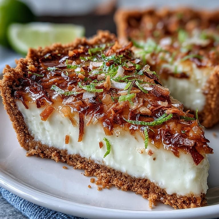 Nahaufnahme des Kokos-Limetten-Kuchens, perfekt geschnitten, mit garnierter Frischkäseglasur.