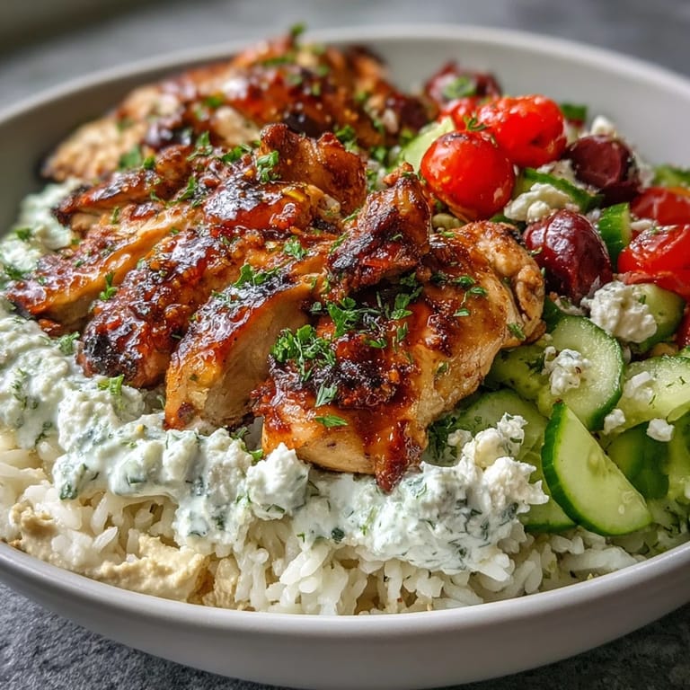 Herzhafte griechische Hähnchenschüsseln, serviert mit frischem Gemüse und cremigen Dips.