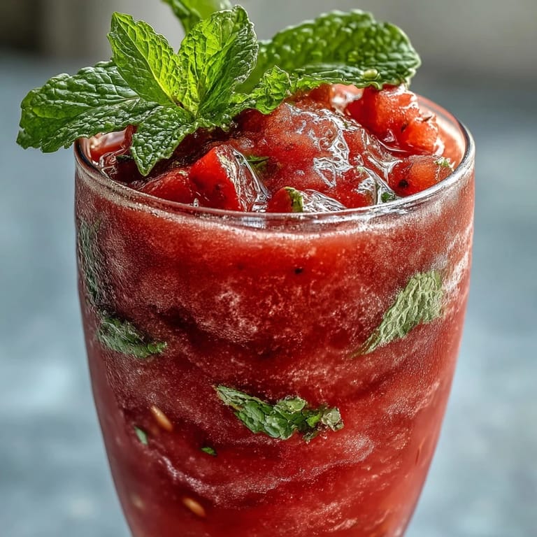 Ein kühler Wassermelonen-Minz-Frosé mit grüner Minze, ideal zum Servieren nachmittags.