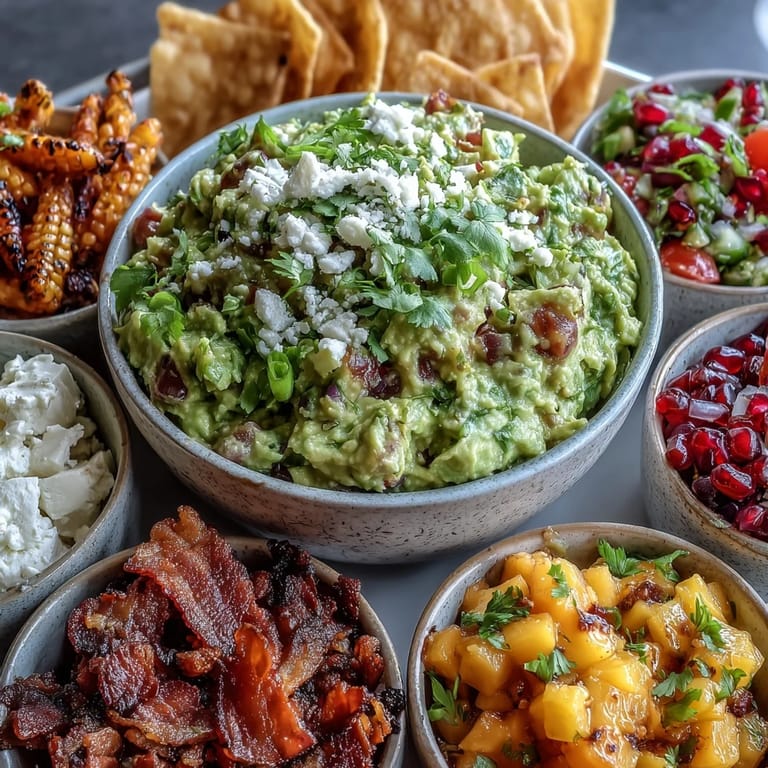 Dekorativer Teller mit cremiger Guacamole und mehreren kreativen Garnituren.