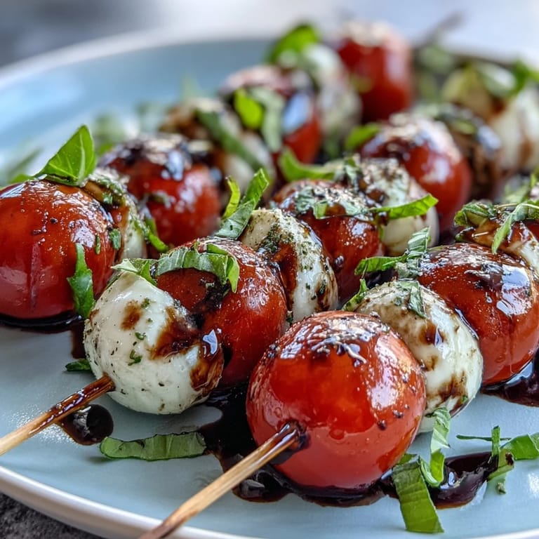 Einfache Caprese-Spieße mit Balsamico-Glasur, perfekt als Fingerfood-Vorspeise.