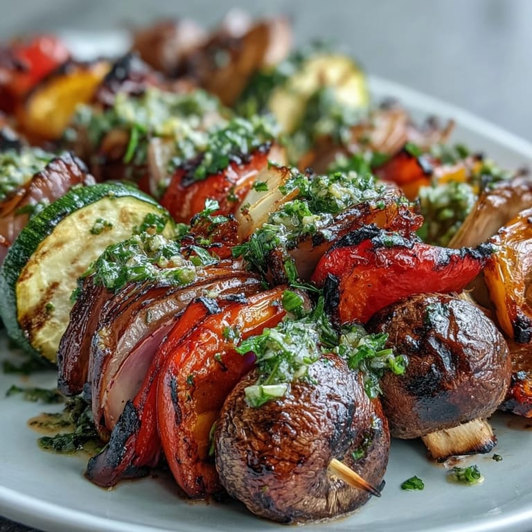 Genießen Sie herzhafte Grilled Veggie Kabobs, verfeinert mit aromatischem Chimichurri, servierfertig.