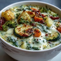 Creamy Garlic Parmesan Veggie Soup steaming in a rustic bowl, topped with extra grated cheese.