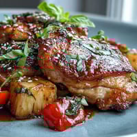 Eine saftige Pfanne mit klebrigem Honig-Knoblauch-Hähnchen, süßen Ananasstücken und buntem Paprika, serviert auf dampfendem Reis.