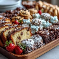 Festliches Dessert-Brett für die Abschlussfeier mit bunten Kuchenstücken, Keksen und Brownie-Bissen.