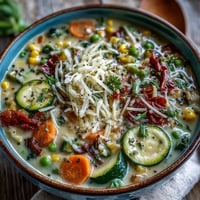 Cremige Knoblauch Parmesan Gemüsesuppe dampft in einer Schüssel mit Käsefäden.