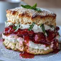 Saftige Erdbeer-Basilikum-Shortcake-Biskuits mit leckerer Schlagsahne und Zitrus.