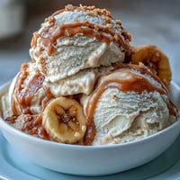 Cremiges 4-Zutaten-Erdnussbutter-Bananen-Eiscreme-Foto mit Löffel und Bananenscheiben.