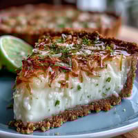 Erfrischender Kokos-Limetten-Kuchen mit knackiger Graham-Cracker-Kruste, garniert mit Kokosflocken.