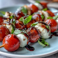 Saftige Caprese-Spieße mit cremigem Mozzarella und süßem Balsamico-Dressing.